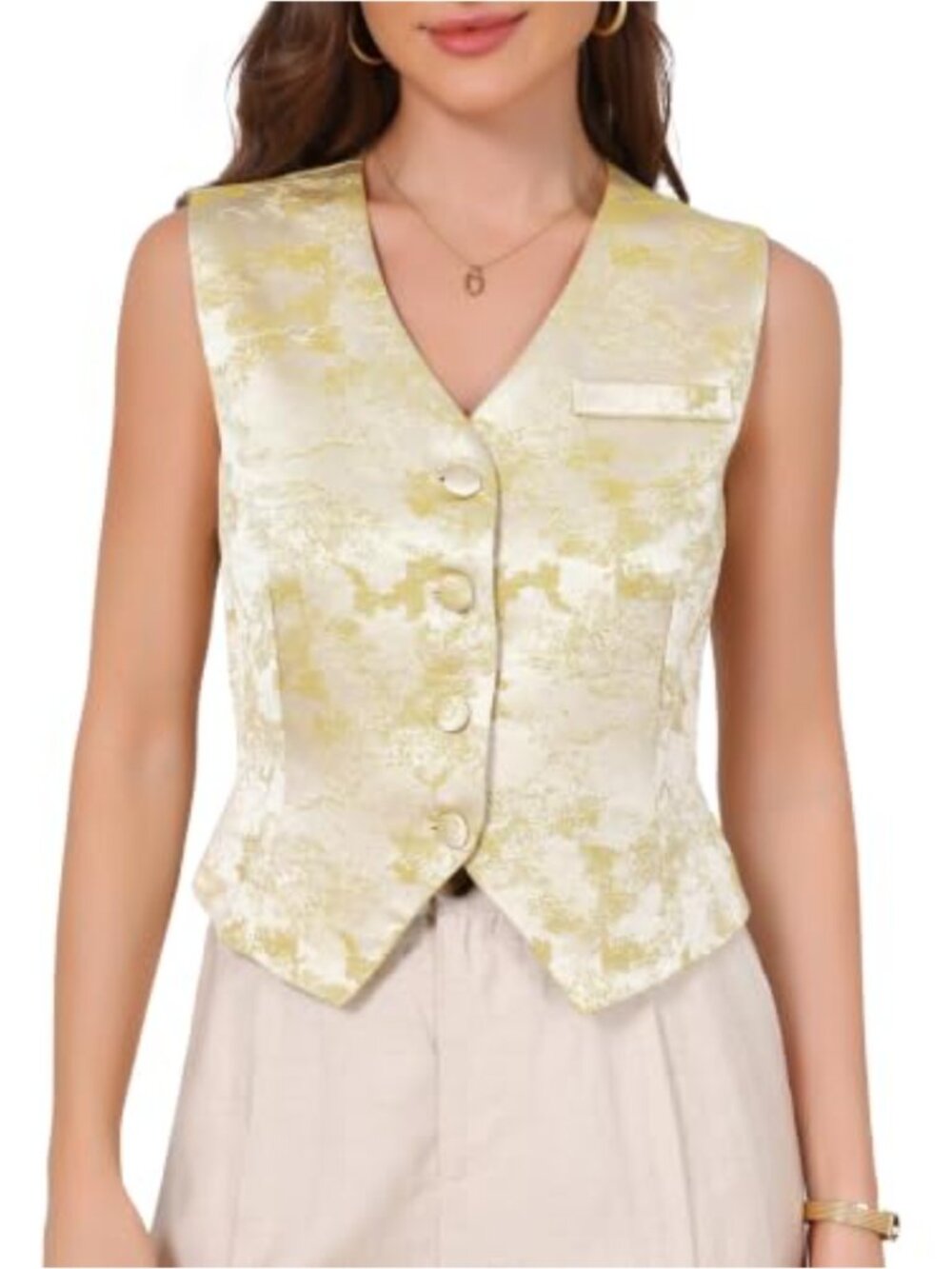 Floral Jacquard Cropped Waistcoat, V Neck Sleeveless Button Down Vest